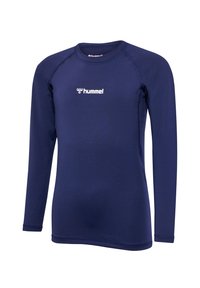 Marineblaues langärmliges Sportshirt aus dehnbarem Stoff mit Rundhalsausschnitt und Raglanärmeln. Mit einem weißen Logo auf der Vorderseite.