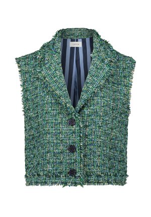 Gilet senza maniche in tweed verde e blu con bordi sfrangiati, tre bottoni neri e fodera interna a righe blu navy.