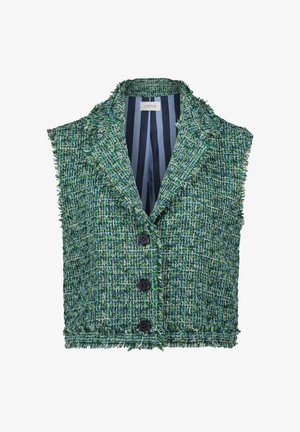 Veste sans manches en tweed vert et bleu avec bords effilochés, trois boutons noirs et doublure intérieure rayée marine.