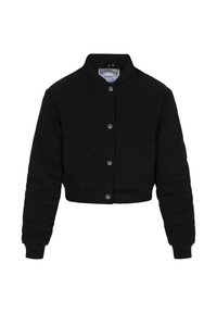 Schwarze, kurz geschnittene Jacke mit einem gesteppten Muster, Rundkragen, Druckknopfverschluss und gerippten Bündchen; aus leichtem Stoff gefertigt.