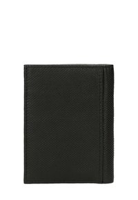 Portafoglio bifold in pelle nera con esterno testurizzato, caratterizzato da cuciture visibili e un interno liscio. Forma rettangolare compatta.