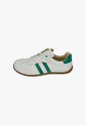 White sneaker with green suede accents and two green stripes on the side. Features a lace-up design and a tan rubber sole.
