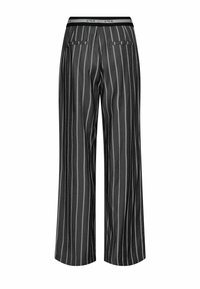 Black striped wide-leg pants with a smooth texture, featuring a flat waistband, two back pockets, and vertical pinstripes for a tailored look.