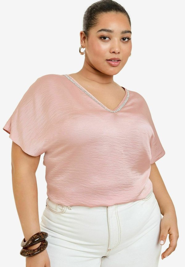 PLUS SIZE FIT - V-NECK DIAMANTE TRIM SHORT SLEEVE - Bluse