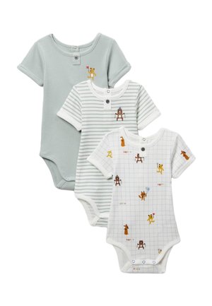 Trois bodys bébés à manches courtes en vert doux, rayures vertes, et grille blanche avec de petites illustrations d'ours et de chien, avec des boutons.