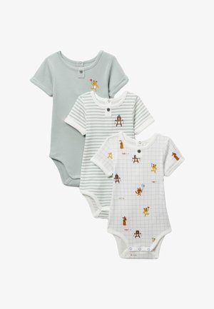 Trois bodys bébés à manches courtes en vert doux, rayures vertes, et grille blanche avec de petites illustrations d'ours et de chien, avec des boutons.