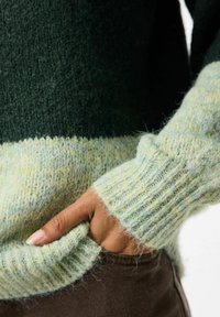 Maglione lavorato a maglia con parte superiore verde scuro e polsini a strisce verde chiaro. Morbida e pelosa, con motivo a costine sui polsini.