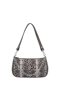 Borsa a tracolla con motivo pitonato nei toni marroni e grigi, dotata di una catena decorativa e di una tracolla liscia. Presenta una chiusura con zip e un materiale texturizzato.
