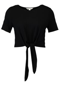 Černé zkrácené tričko vyrobené z měkké tkaniny, s krátkými rukávy a detailem vázaného uzlu vpředu. Hladká textura, kulatý výstřih.