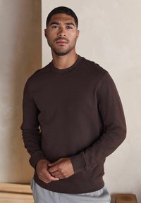 Pruun pika varrukaga dressipluus ümmarguse kaelusega, pehmest kangast, ribitud varrukaotste ja alumise servaga, kantud hallide pükste kohal.