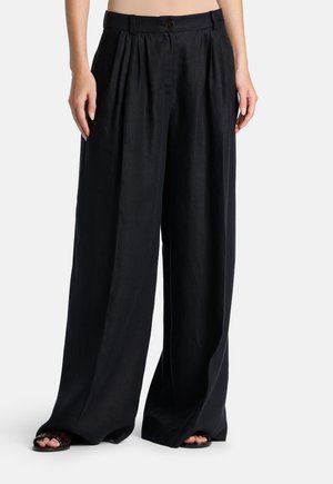 Black wide-leg pants made of linen, featuring a high waist, pleated front, and a single button closure. Smooth texture and full-length design.