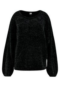 Black knitted sweater with a round neckline, long puffed sleeves, and ribbed cuffs. The texture is soft, featuring a subtle speckled pattern.