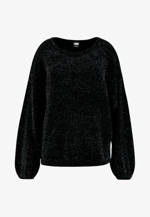 Black knitted sweater with a round neckline, long puffed sleeves, and ribbed cuffs. The texture is soft, featuring a subtle speckled pattern.