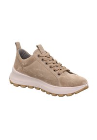 Beige Wildlederschuh mit dickem weißem Sohlen, braunem Profil, Schnürung vorne und gepolstertem grauem Innenfutter, seitlich abgebildet.