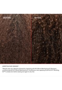 Le côté gauche montre des cheveux bouclés secs et crépus ; le côté droit affiche des boucles définies et hydratées après un traitement capillaire.