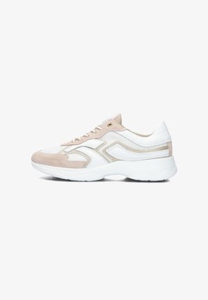 Sneakers featuring white leather and beige suede, mesh detailing, a textured sole, and gold-accented laces with a rounded toe design.