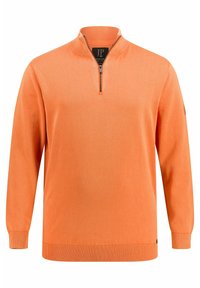 Pullover arancione con colletto a mezza zip. Realizzato in materiale morbido, presenta maniche lunghe e polsini a coste. Logo discreto sulla manica.