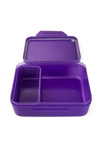 Purple plastic lunchbox with a removable divider, two compartments, a hinged lid, and a smooth, glossy finish.