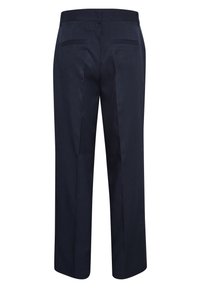 Pantalon bleu marine ajusté à coupe droite, avec deux poches arrière et une ceinture épurée ; confectionné dans un tissu lisse.