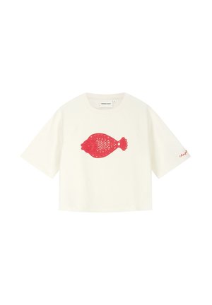 White short-sleeve crop top with round neck and red lace fish design centered on the front, small red text on left sleeve hem.