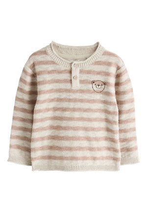 Dječji džemper dugih rukava s bež i svijetlosmeđim horizontalnim prugama, dva gumba na ovratniku i izvezeni medvjeđi lik na prsima.