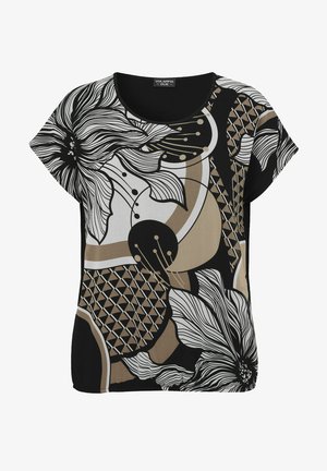 Kurzärmlige Bluse mit schwarzen, beigen und weißen Blumen- und geometrischen Mustern, die große umrissene Blumen und abstrakte Formen zeigen.