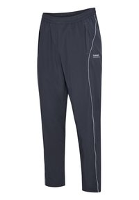 Marineblauwe sportbroek gemaakt van lichtgewicht stof, met een elastische tailleband, zijzakken en witte piping langs de naden.