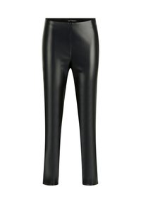 Leggings en simili cuir noir avec une texture lisse, coupe slim et taille haute, présentant un design simple et sans pièces métalliques visibles.