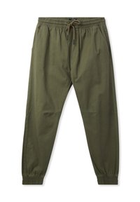 Pantaloni jogger verde oliva realizzati in tessuto leggero, con vita elastica, cordino, tasche laterali e polsini elasticizzati.