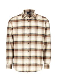 Langärmliges Hemd mit Knopfverschluss in braunem, cremefarbenem und blauen Karomuster, klassischem Kragen und geknöpften Manschetten.