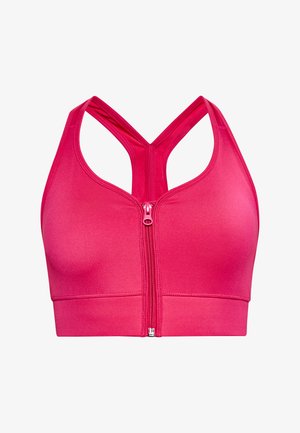 Roze sportbeha met ritssluiting aan de voorkant, gekruiste bandjes en een gladde, reflecterende stof. Beschikt over een gevormde pasvorm en geen zichtbare hardware.