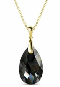 Collana con pendente a goccia nera, dotata di un cristallo sfaccettato, sospesa su una catena tono oro, con cappuccio e anello in oro lucido.