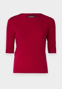 Kurzarmpullover aus geripptem Material in Dunkelrot. Mit einem runden Ausschnitt und umgeschlagenen Ärmelabschlüssen. Glatte Textur, ohne Muster oder Verzierungen.