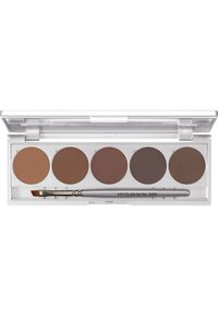 Brown makeup palette with five circular shades in varying matte tones. Includes a silver brush with fine bristles. Clear plastic case.