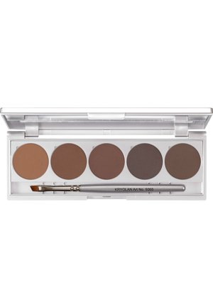 Brown makeup palette with five circular shades in varying matte tones. Includes a silver brush with fine bristles. Clear plastic case.