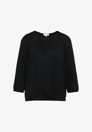 Black long-sleeve blouse with round neckline, slight front pleats, and elasticized cuffs and hem by s.Oliver.