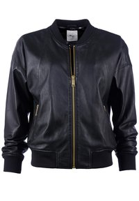 Zwarte leren bomberjack met een gladde textuur, gouden ritssluiting, geribbelde manchetten en een klassieke kraag. Voorzien van twee zijzakken.
