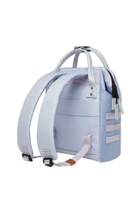 Backpack in light blue fabric with gray accents, padded shoulder straps, top handles, and a zippered side pocket featuring a tab.