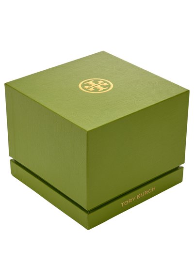 Grønne tekstureret kasse med et guld logo på toppen og et guld brandnavn trykt på siden. Firkantet form med en glat, slank finish.