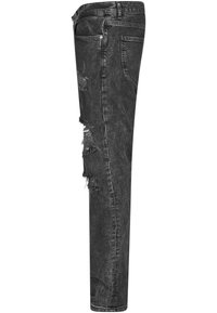 Mustat farkut slim fit -mallilla, joissa on kulutuspinnat vasemmassa reidessä, perinteinen viiden taskun muotoilu ja vetoketjukiinnitys.