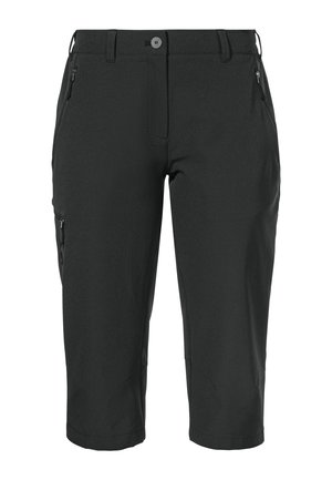 Schwarze, knielange Shorts aus leichtem, glattem Stoff. Sie verfügen über einen Knopfverschluss, zwei Seitentaschen und eine mit Reißverschluss versehene Tasche am Oberschenkel.