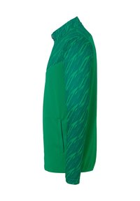 Grøn atletisk jakke med høj krave, med et mønstret venstre ærme og en glat krop. Inkluderer en sidelomme.