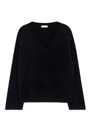 Zwarte gebreide trui met een V-hals, lange mouwen en ribbelstof onderaan. Zachte textuur met een ontspannen pasvorm en een minimalistisch ontwerp.