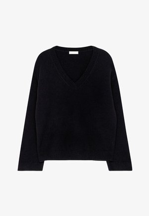Zwarte gebreide trui met een V-hals, lange mouwen en ribbelstof onderaan. Zachte textuur met een ontspannen pasvorm en een minimalistisch ontwerp.