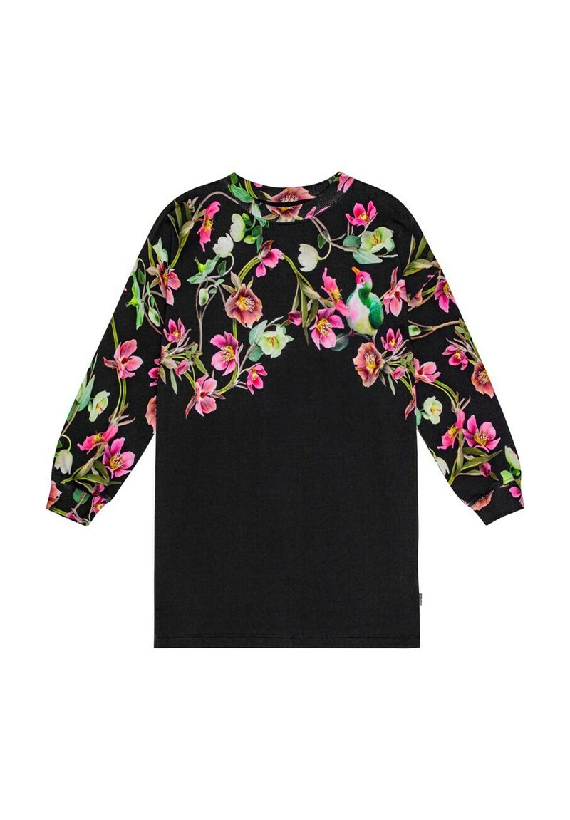 Svart långärmad tröja med ett livligt blommönster och kolibribilder på den övre framsidan och ärmarna. Mjuk tygkvalitet med avslappnad passform.