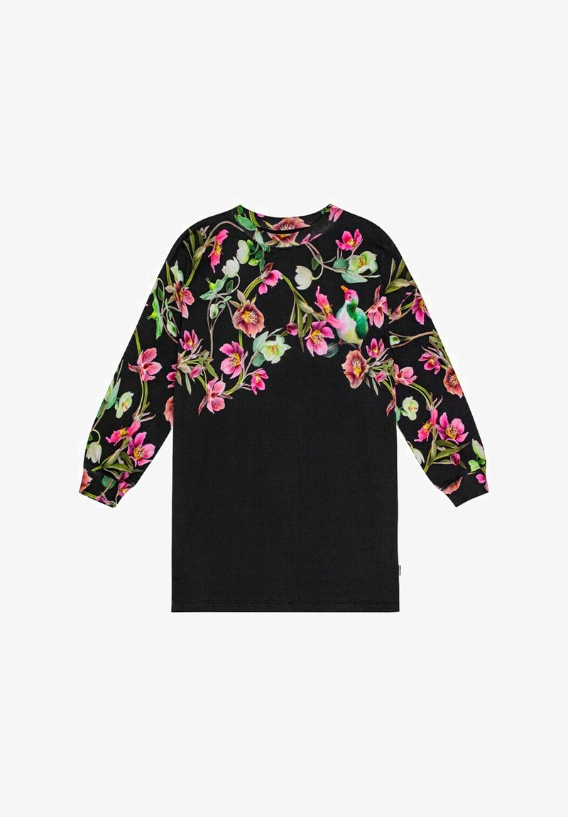 Svart långärmad tröja med ett livligt blommönster och kolibribilder på den övre framsidan och ärmarna. Mjuk tygkvalitet med avslappnad passform.