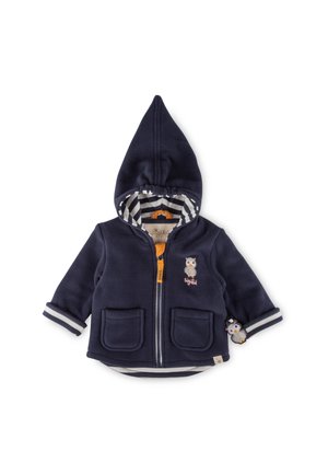 Marineblauer Fleece-Hoodie mit einer spitzen Kapuze, Frontreißverschluss, zwei Taschen, gestreifter Innenausstattung und Eulenmuster-Akzenten.