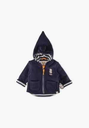 Felpa con cappuccio in pile di colore blu navy, dotata di cappuccio a punta, zip frontale, due tasche, fodera a righe e decorazioni a tema gufo.