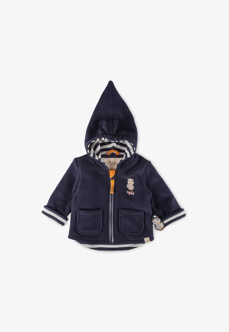 Marineblauer Fleece-Hoodie mit einer spitzen Kapuze, Frontreißverschluss, zwei Taschen, gestreifter Innenausstattung und Eulenmuster-Akzenten.