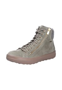 Scarpe mid-top in suede verde oliva con dettagli in zip dorati, punta tonda, suola in gomma marrone a contrasto e rivestimento posteriore grigio.